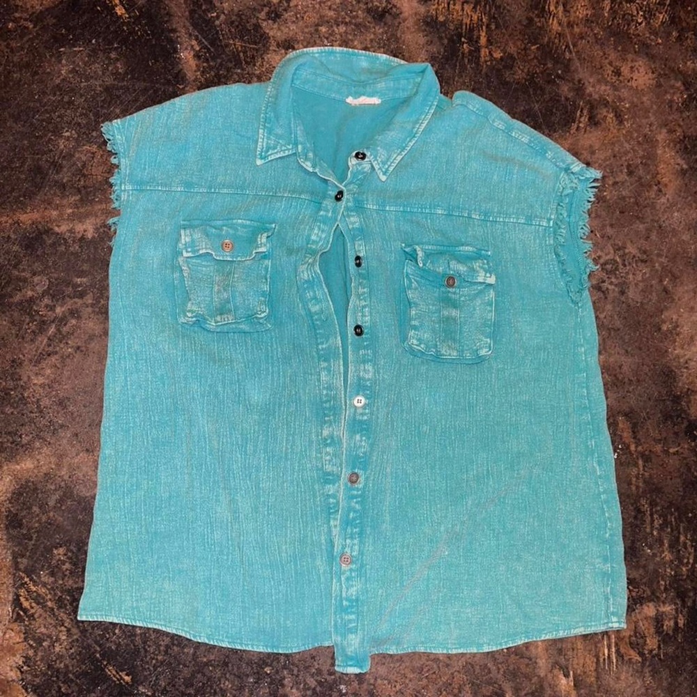 Sleeveless Blue Button Down Shirt